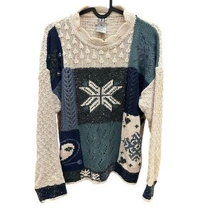 Ivy M Cream and Blue Crew Neck Sweater with Patterns Ramie Cotton blend